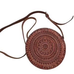 Tooled Leather Round Canteen Purse Crossbody Bag Brown Western Boho Zip Circle